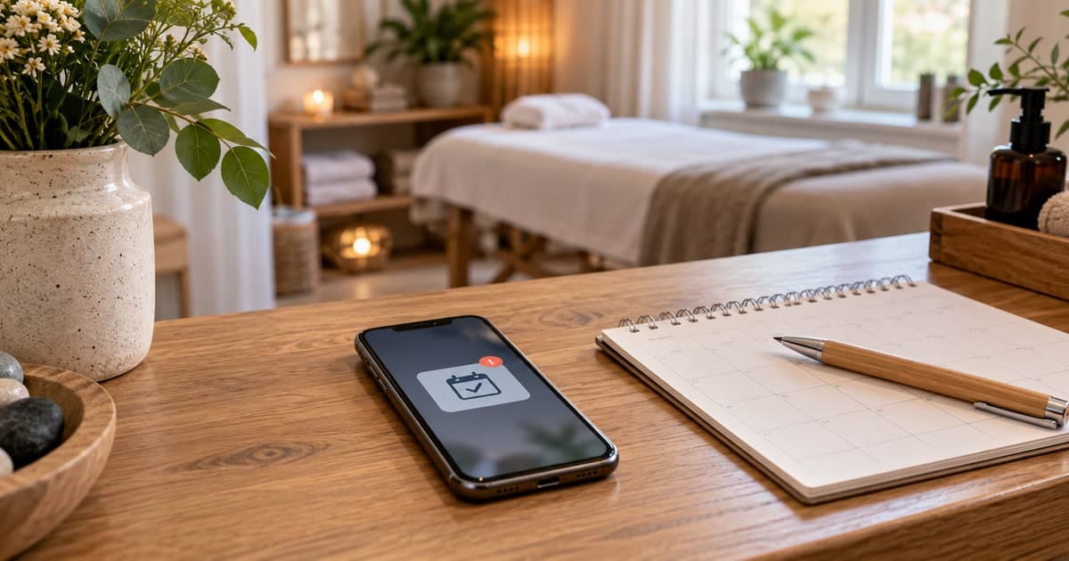 Mobil med kalendersymbol bredvid en anteckningsbok i ett behandlingsrum