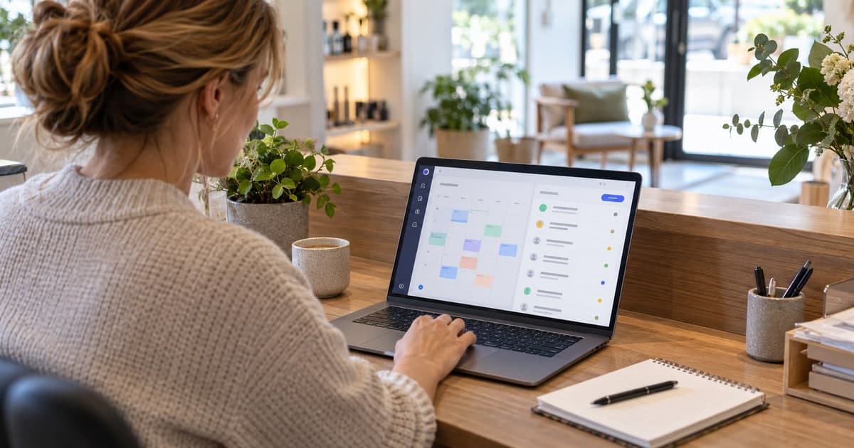 Person ser bookingkalender og kundehenvendelser på en bærbar computer
