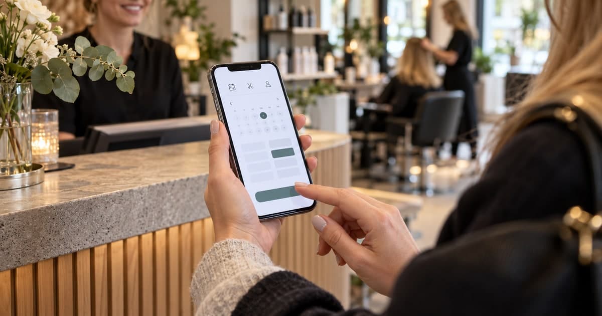 En kunde booker en tid på mobilen ved receptionen i en salon