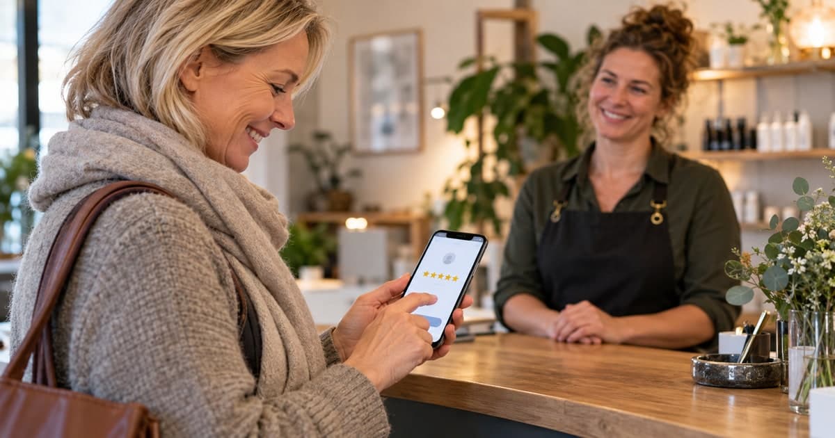 Kunde giver en stjernebedømmelse på mobilen efter et salonbesøg